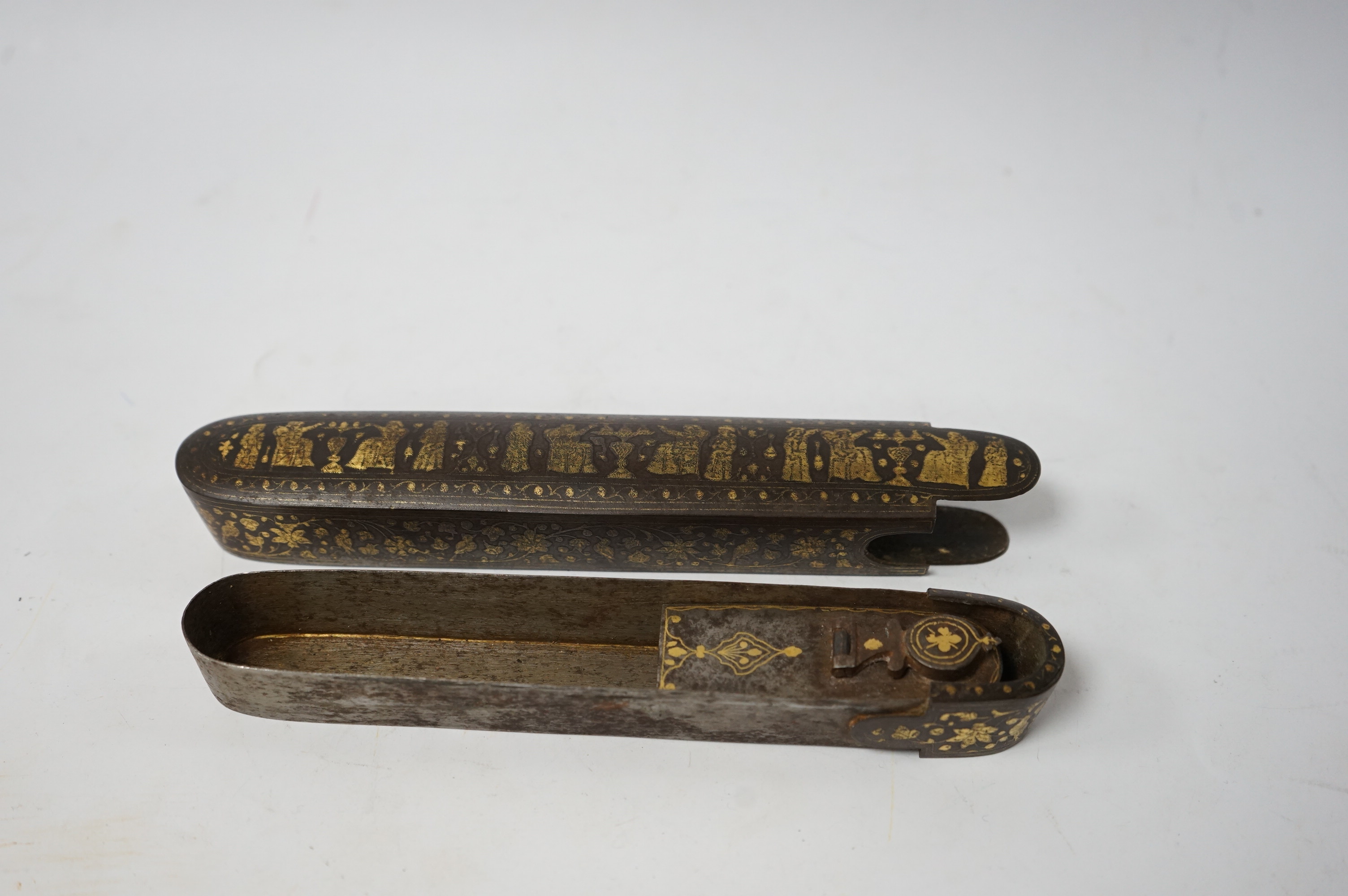 A 19th century Persian damascened iron scribe's box, galamdan, 21.5cm long. Condition - good